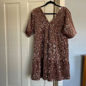 Wishlist Champagne Taupe Velvet Sequined Babydoll Dress